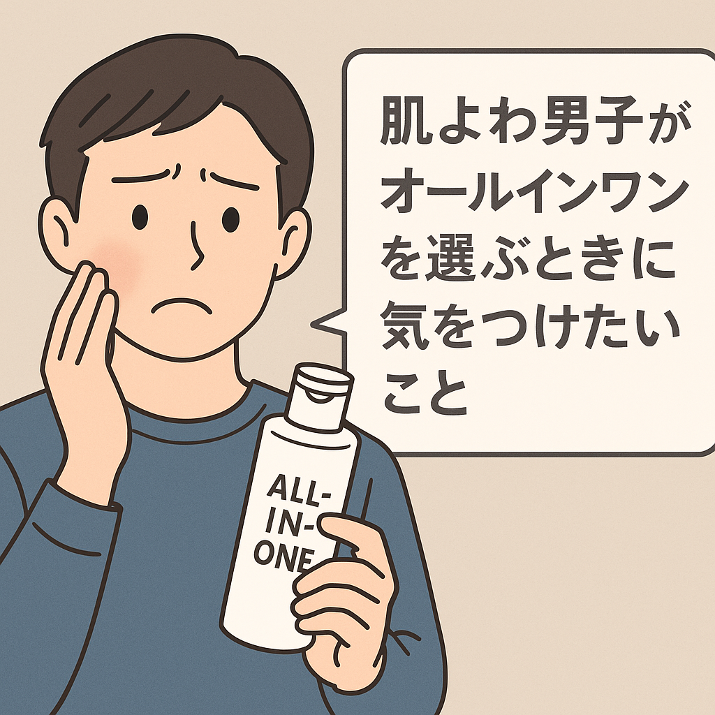 感肌の男性がオールインワンを手に悩んでいるイラスト