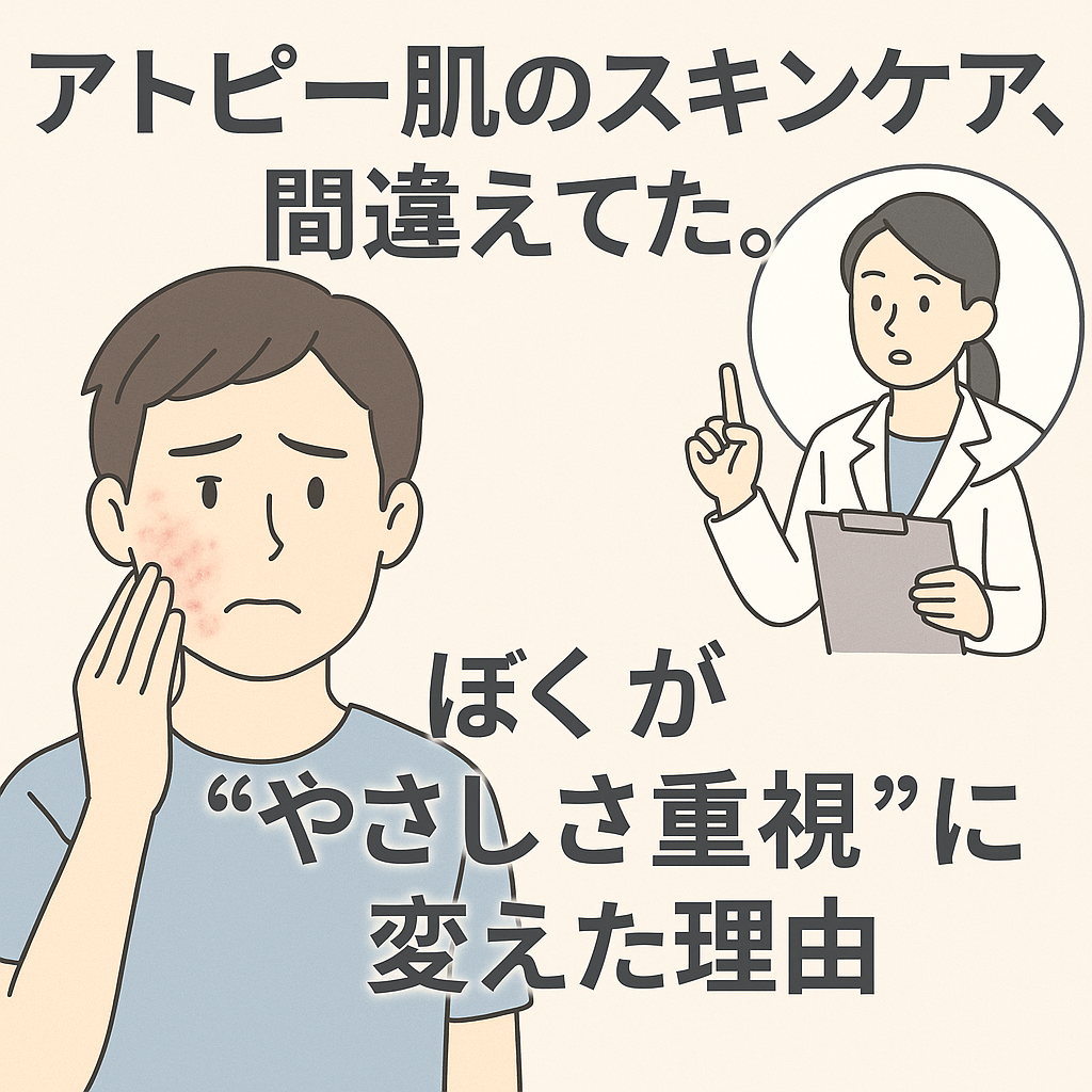 アトピーに悩む若い男性が、皮膚科医に相談している清潔感のあるイラスト。医師が優しくアドバイスをしており、安心した表情の男性。